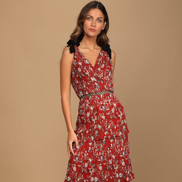 Lulus Such Sophistication Rust Red Floral Print Pleated Maxi Dress - Size L - Picture 1 of 1